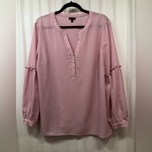 Talbots Pink VNeck 3/4 Button Ruffle Sleeve Sheer Top Blouse Shirt Womens XL
